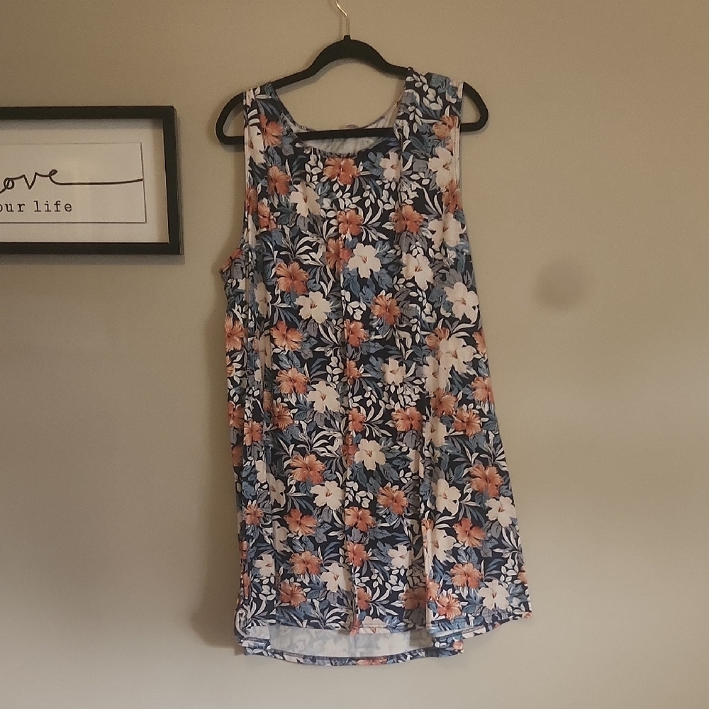 Sleeveless Blue Floral Mini Dress with Peach & White Blooms